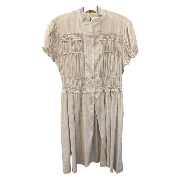 Max Studio Linen Ramie Blend Tunic top M Short Sleeve Smocked Button Khaki Brown